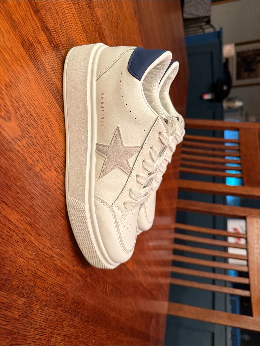 Vintage Havana White Sneakers with Gray Star and Navy Heel